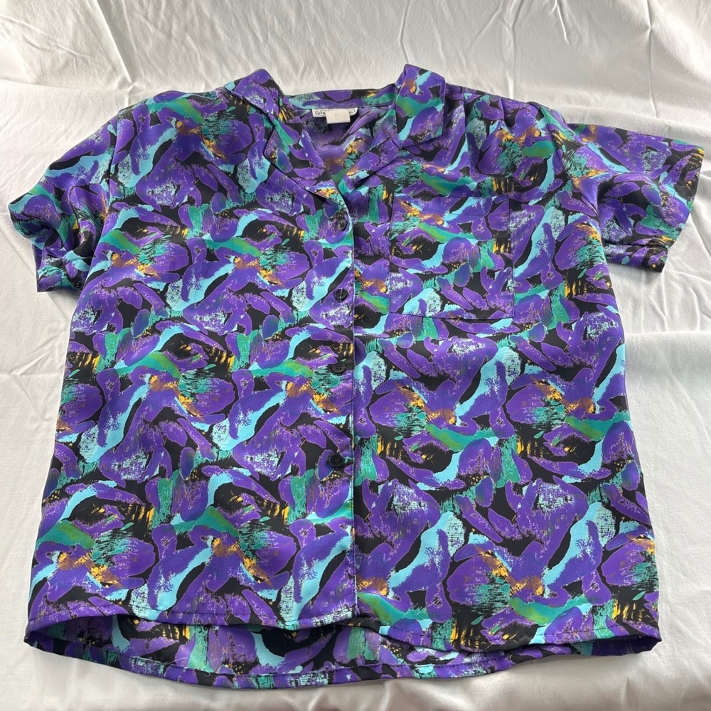 Vintage Petite Impressions Purple Abstract Floral Button Down Shirt Size 10P